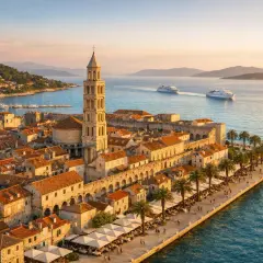 Widok na Split z wieżą katedry i palmami wzdłuż nabrzeża. Idealne miejsce na **split zwiedzanie** i relaks nad Adriatykiem.