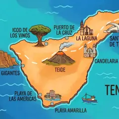Mapa Teneryfy z zaznaczonymi atrakcjami: Teide, Los Gigantes, Playa de las Américas, Icod de los Vinos, Puerto de la Cruz, La Laguna, Santa Cruz, Candelaria. Teneryfa południe to idealne miejsce na wakacje.