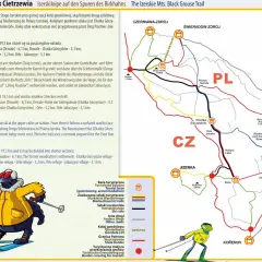 Mapa szlaku Cietrzewia w Górach Izerskich. Trasa prowadzi przez polanę Izerską, schroniska i punkty widokowe.