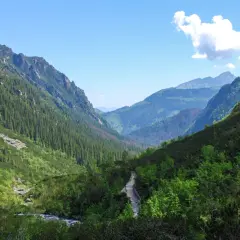 Malownicza dolina Roztoki z kamienistym szlakiem wiodącym przez zielone zbocza i lasy.