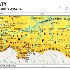 Mapa hipsometryczna Karpat w Polsce, ukazująca pasma górskie jak Tatry, Beskidy, Bieszczady, oraz miasta: Kraków, Rzeszów, Przemyśl.