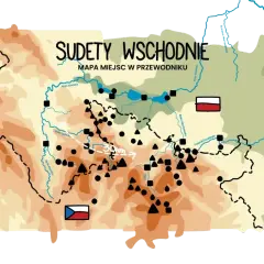 Mapa Sudetów Wschodnich w Polsce z zaznaczonymi rzekami, miastami i granicami.