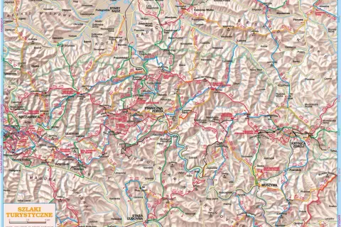 Mapa turystyczna Beskidu Sądeckiego z zaznaczonymi szlakami. Widoczne miejscowości: Krynica Zdrój, Piwniczna Zdrój, Nowy Sącz.