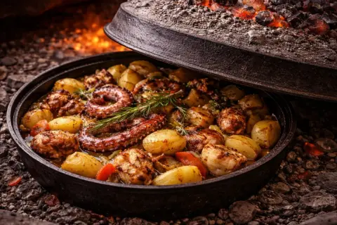Pyszne chorwackie jedzenie: ośmiornica z ziemniakami i rozmarynem, pieczone pod żarem.