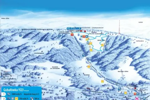 Mapa Gubałówki z atrakcjami: trasy narciarskie, snow park, restauracje. Idealne miejsce na zimowe szaleństwo!