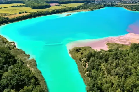 Turkusowe jezioro otoczone zielenią, przypominające polskie Malediwy. Piaskowe plaże i bujna roślinność tworzą malowniczy krajobraz.