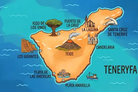 Mapa Teneryfy z zaznaczonymi atrakcjami: Teide, Los Gigantes, Playa de las Américas, Icod de los Vinos, Puerto de la Cruz, La Laguna, Santa Cruz, Candelaria. Teneryfa południe to idealne miejsce na wakacje.