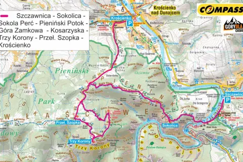 Trasa przez Pieniny: Szczawnica, Sokolica, Sokola Perć, Trzy Korony, Krościenko. Mapa turystyczna.