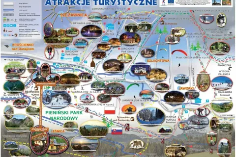 Mapa turystyczna Pienin: atrakcje Szczawnicy, szlaki, wyciągi, punkty widokowe, rezerwaty.