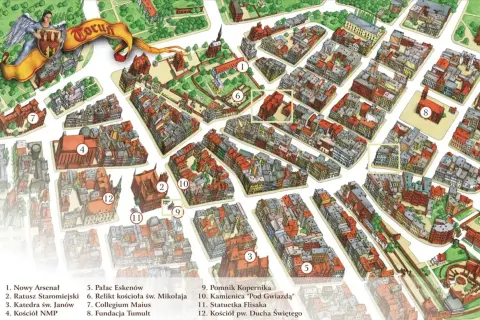 Ilustrowana mapa Torunia z zaznaczonymi atrakcjami, w tym Ratuszem Staromiejskim i Pomnikiem Kopernika.
