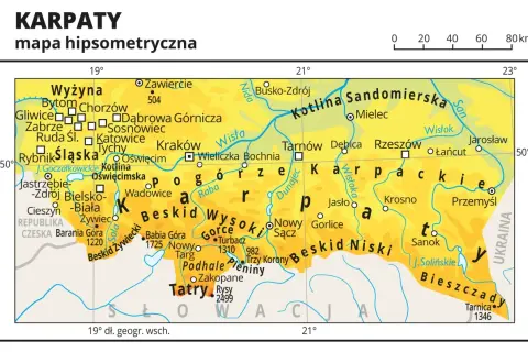Mapa hipsometryczna Karpat w Polsce, ukazująca pasma górskie jak Tatry, Beskidy, Bieszczady, oraz miasta: Kraków, Rzeszów, Przemyśl.