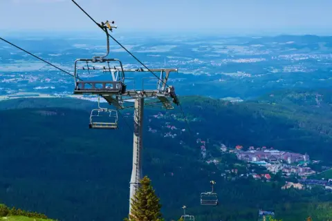 Kolejka linowa nad lasem, z widokiem na miasteczko. Czy to Karpacz, czy Szklarska Poręba? Trudno odróżnić z tej perspektywy.