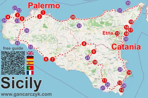 Mapa Sycylii z zaznaczonymi atrakcjami: Palermo, Etna, Katania. Zobacz, co warto zobaczyć na Sycylii!