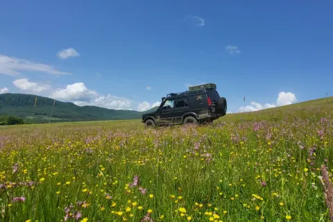 Czarny SUV na tle kwiecistej łąki i gór. Niezapomniane beskidy atrakcje czekają na odkrycie.
