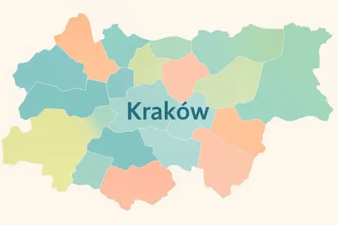 Mapa Krakowa z zaznaczonymi dzielnicami, idealna do planowania wycieczek po restauracjach w Krakowie.