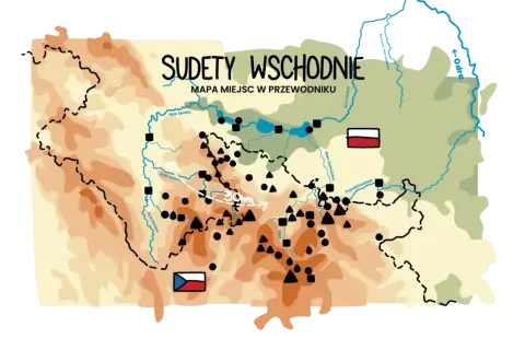 Mapa Sudetów Wschodnich w Polsce z zaznaczonymi rzekami, miastami i granicami.