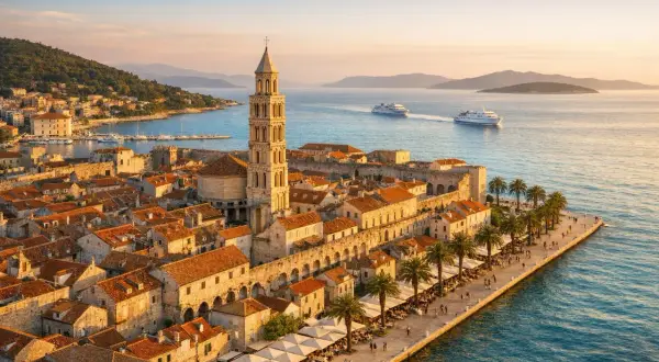 Widok na Split z wieżą katedry i palmami wzdłuż nabrzeża. Idealne miejsce na **split zwiedzanie** i relaks nad Adriatykiem.