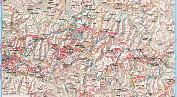 Mapa turystyczna Beskidu Sądeckiego z zaznaczonymi szlakami. Widoczne miejscowości: Krynica Zdrój, Piwniczna Zdrój, Nowy Sącz.
