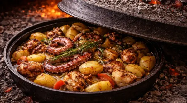 Pyszne chorwackie jedzenie: ośmiornica z ziemniakami i rozmarynem, pieczone pod żarem.