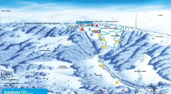 Mapa Gubałówki z atrakcjami: trasy narciarskie, snow park, restauracje. Idealne miejsce na zimowe szaleństwo!