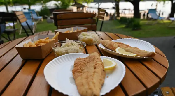 Ryba z frytkami i surówką na drewnianym stoliku nad jeziorem. Idealne miejsce, gdzie zjeść w Olsztynie, by poczuć wakacyjny klimat.