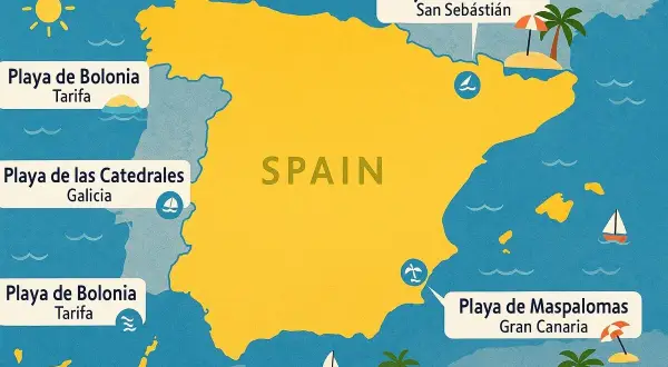 Mapa Hiszpanii z zaznaczonymi plażami w różnych regionach: Playa de Bolonia, Playa de las Catedrales, Playa de Ses Illetes, Playa de Maspalomas.