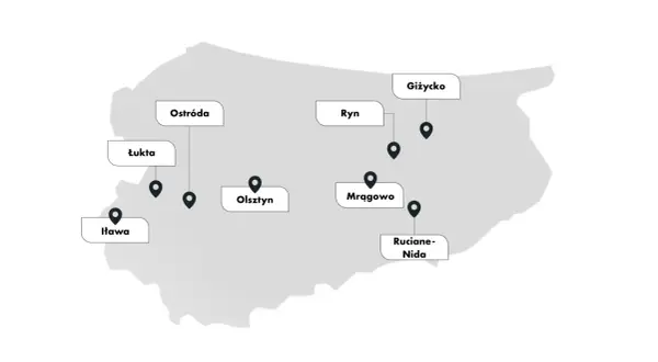 Mapa z zaznaczonymi miastami: Ostróda, Łukta, Iława, Olsztyn, Ryn, Giżycko, Mrągowo, Ruciane-Nida. Planujesz wyjazd gdzie na Mazury?