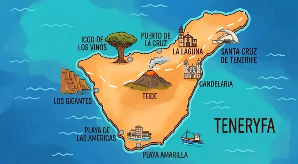 Mapa Teneryfy z zaznaczonymi atrakcjami: Teide, Los Gigantes, Playa de las Américas, Icod de los Vinos, Puerto de la Cruz, La Laguna, Santa Cruz, Candelaria. Teneryfa południe to idealne miejsce na wakacje.