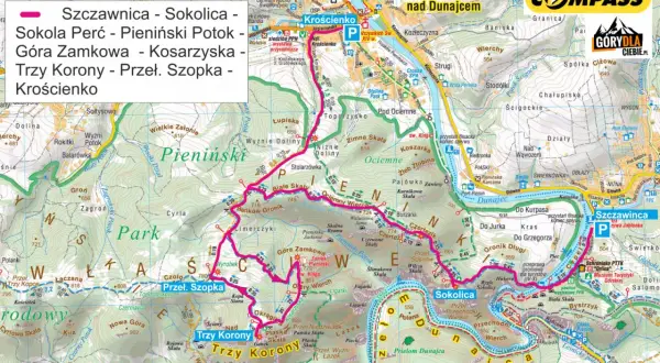 Trasa przez Pieniny: Szczawnica, Sokolica, Sokola Perć, Trzy Korony, Krościenko. Mapa turystyczna.