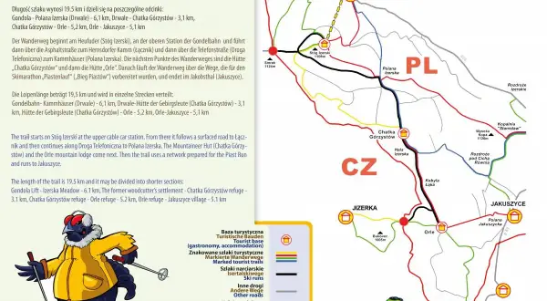 Mapa szlaku Cietrzewia w Górach Izerskich. Trasa prowadzi przez polanę Izerską, schroniska i punkty widokowe.