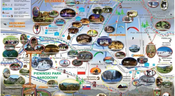 Mapa turystyczna Pienin: atrakcje Szczawnicy, szlaki, wyciągi, punkty widokowe, rezerwaty.