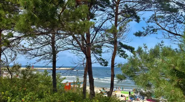 Widok na plażę w Mrzeżynie, z ludźmi odpoczywającymi na piasku i morzem w tle. To jedne z wielu mrzeżyno atrakcje.