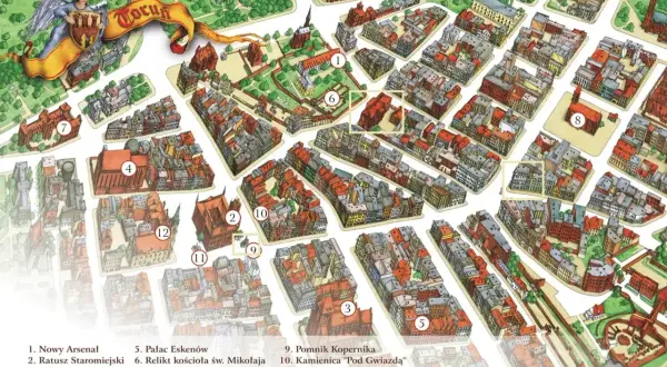 Ilustrowana mapa Torunia z zaznaczonymi atrakcjami, w tym Ratuszem Staromiejskim i Pomnikiem Kopernika.