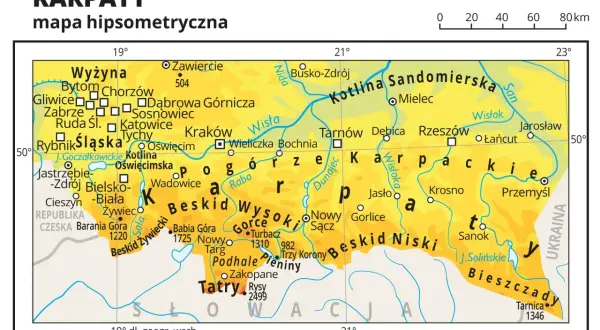 Mapa hipsometryczna Karpat w Polsce, ukazująca pasma górskie jak Tatry, Beskidy, Bieszczady, oraz miasta: Kraków, Rzeszów, Przemyśl.