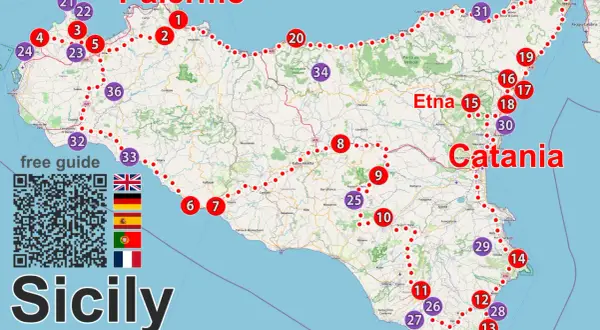 Mapa Sycylii z zaznaczonymi atrakcjami: Palermo, Etna, Katania. Zobacz, co warto zobaczyć na Sycylii!