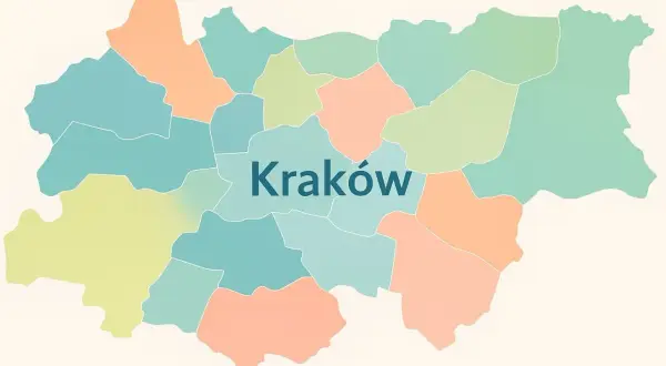 Mapa Krakowa z zaznaczonymi dzielnicami, idealna do planowania wycieczek po restauracjach w Krakowie.