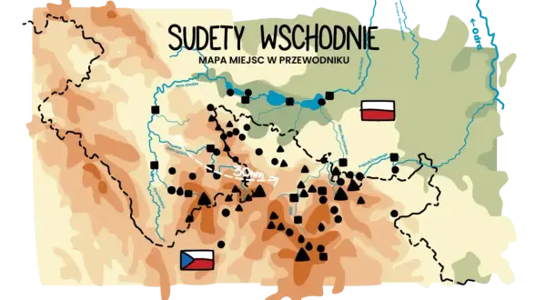 Mapa Sudetów Wschodnich w Polsce z zaznaczonymi rzekami, miastami i granicami.