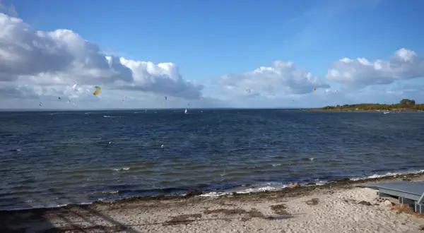 Plaża z piaskiem i morzem, na którym wielu kitesurferów korzysta z wiatru. Idealne miejsce, gdzie najcieplej nad morzem, by uprawiać sporty wodne.