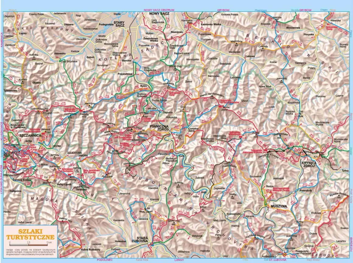 Mapa turystyczna Beskidu Sądeckiego z zaznaczonymi szlakami. Widoczne miejscowości: Krynica Zdrój, Piwniczna Zdrój, Nowy Sącz.