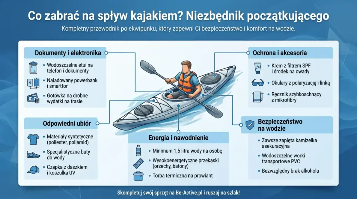 Co zabrać na kajaki? Lista rzeczy: dokumenty, elektronika, odpowiedni ubiór, ochrona, energia i nawodnienie, bezpieczeństwo na wodzie.