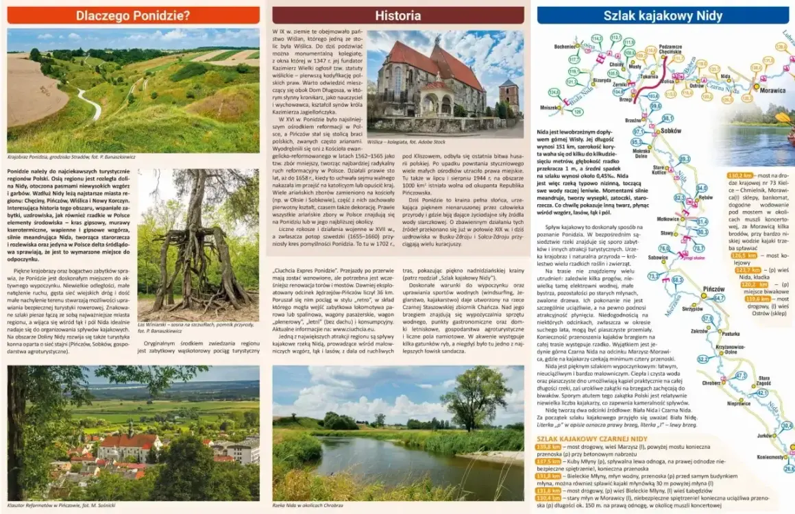 Ponidzie atrakcje: malownicze krajobrazy, zabytki, uzdrowiska, spływy kajakowe Nidą, turystyka rowerowa i konna.