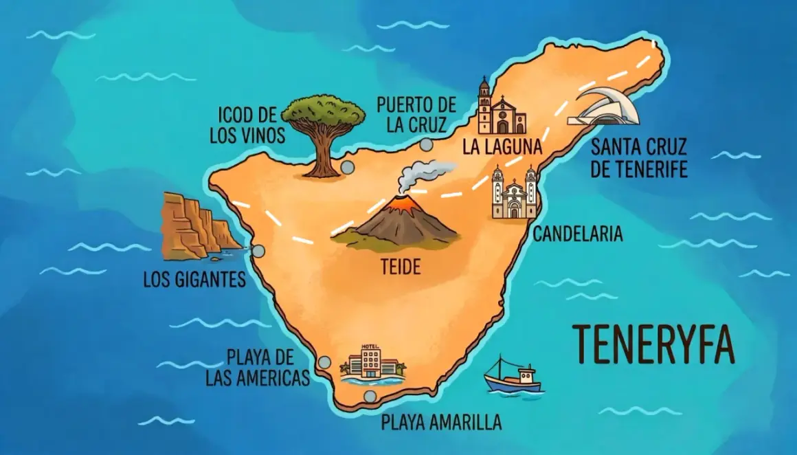 Mapa Teneryfy z zaznaczonymi atrakcjami: Teide, Los Gigantes, Playa de las Américas, Icod de los Vinos, Puerto de la Cruz, La Laguna, Santa Cruz, Candelaria. Teneryfa południe to idealne miejsce na wakacje.