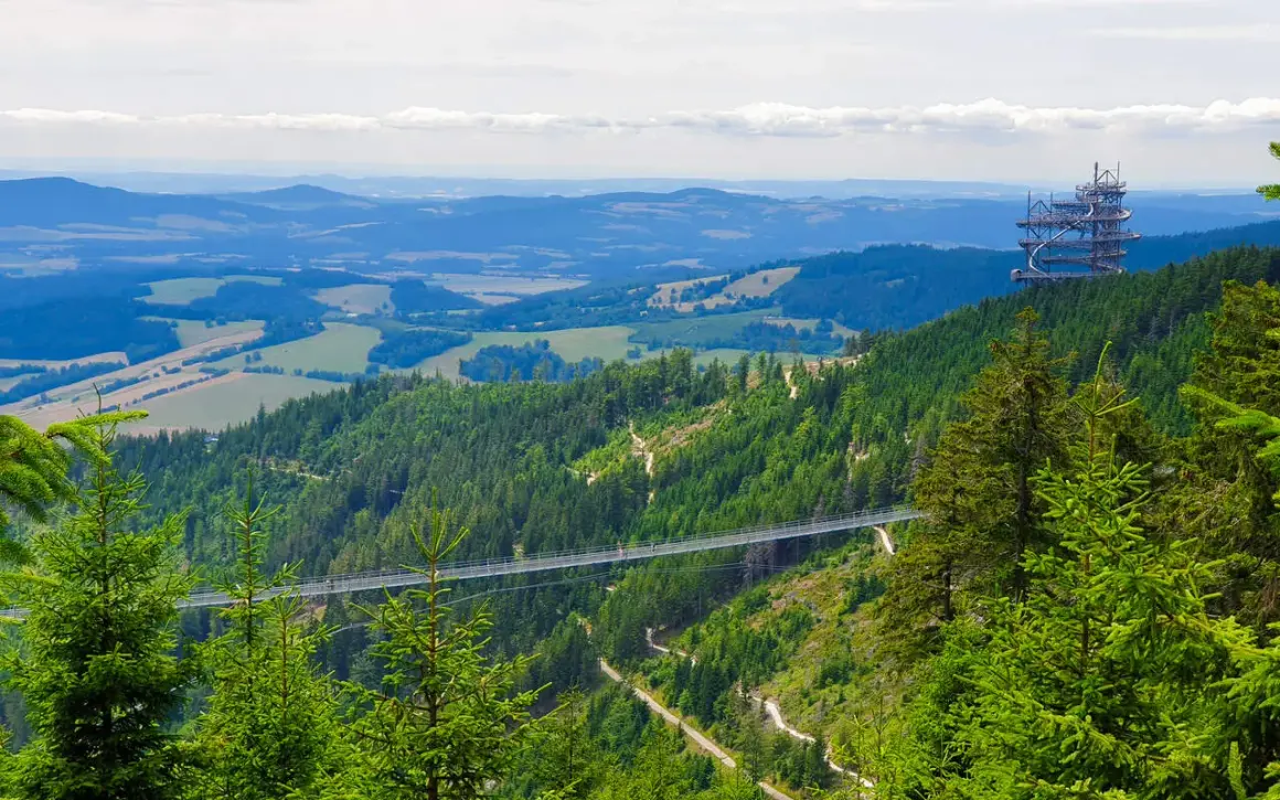 Widok na najdłuższy most Czech, zawieszony nad zieloną doliną. W oddali widać wieżę widokową.