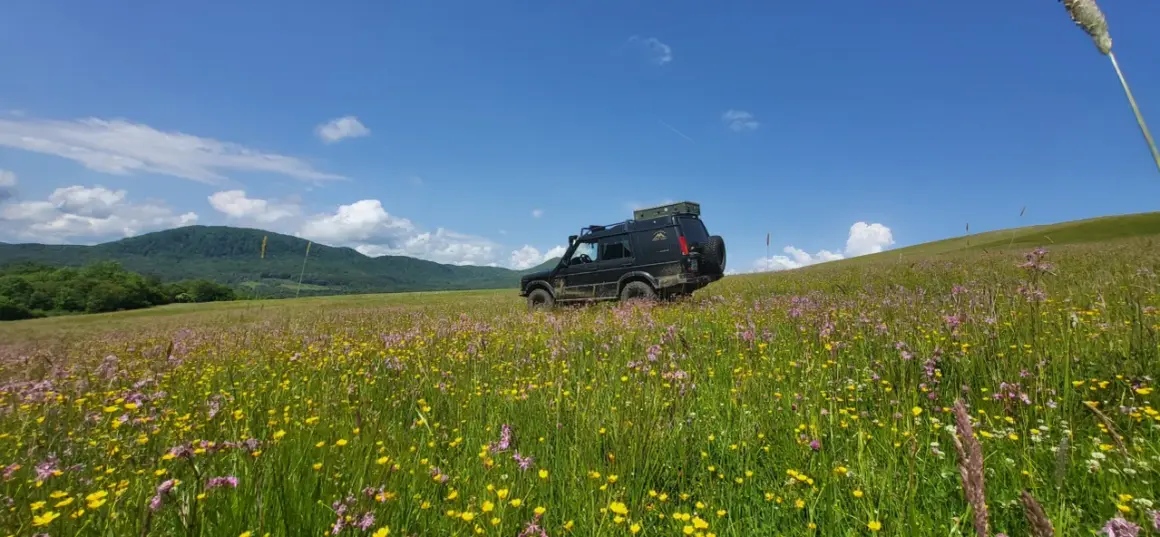 Czarny SUV na tle kwiecistej łąki i gór. Niezapomniane beskidy atrakcje czekają na odkrycie.