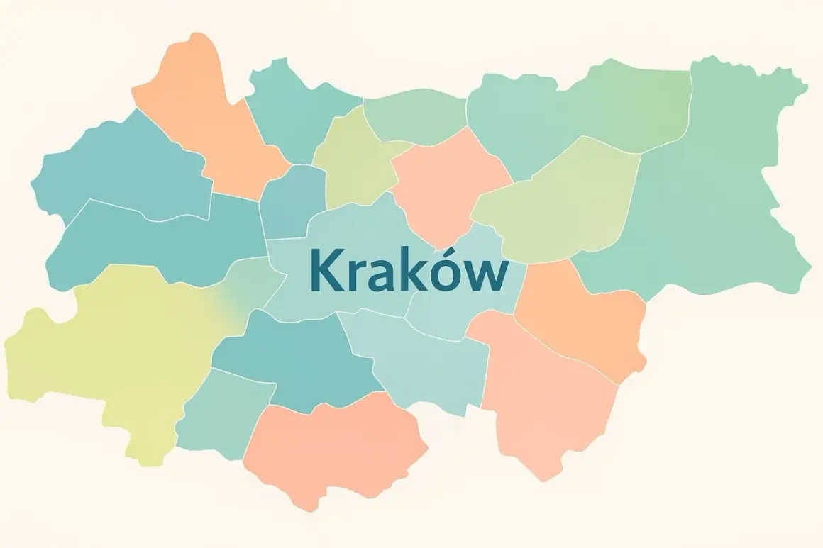 Mapa Krakowa z zaznaczonymi dzielnicami, idealna do planowania wycieczek po restauracjach w Krakowie.