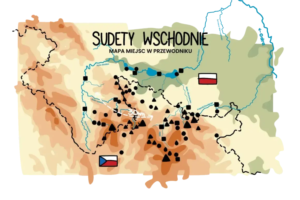 Mapa Sudetów Wschodnich w Polsce z zaznaczonymi rzekami, miastami i granicami.