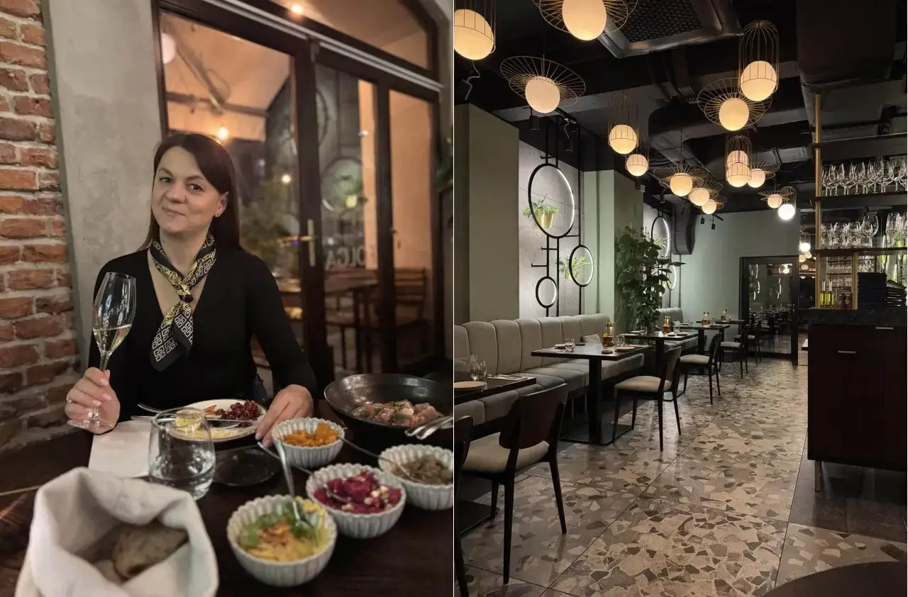 Kobieta cieszy się posiłkiem w jednej z krakowskich restauracji. Wnętrze lokalu jest nowoczesne, z designerskimi lampami i wygodnymi kanapami.