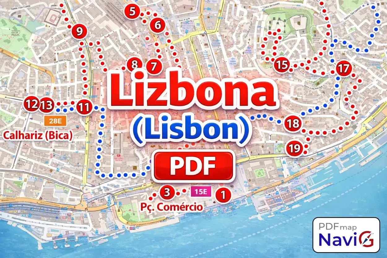 Mapa Lizbony z zaznaczonymi trasami spacerowymi i numerowanymi punktami. Widoczne dzielnice Lizbony, np. Calhariz (Bica) i Pç. Comércio.