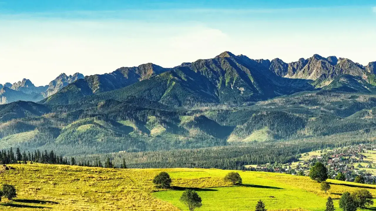 Widok z punktu widokowego w Zakopanem na majestatyczne Tatry. Zielone łąki i lasy schodzą ku urokliwej miejscowości.