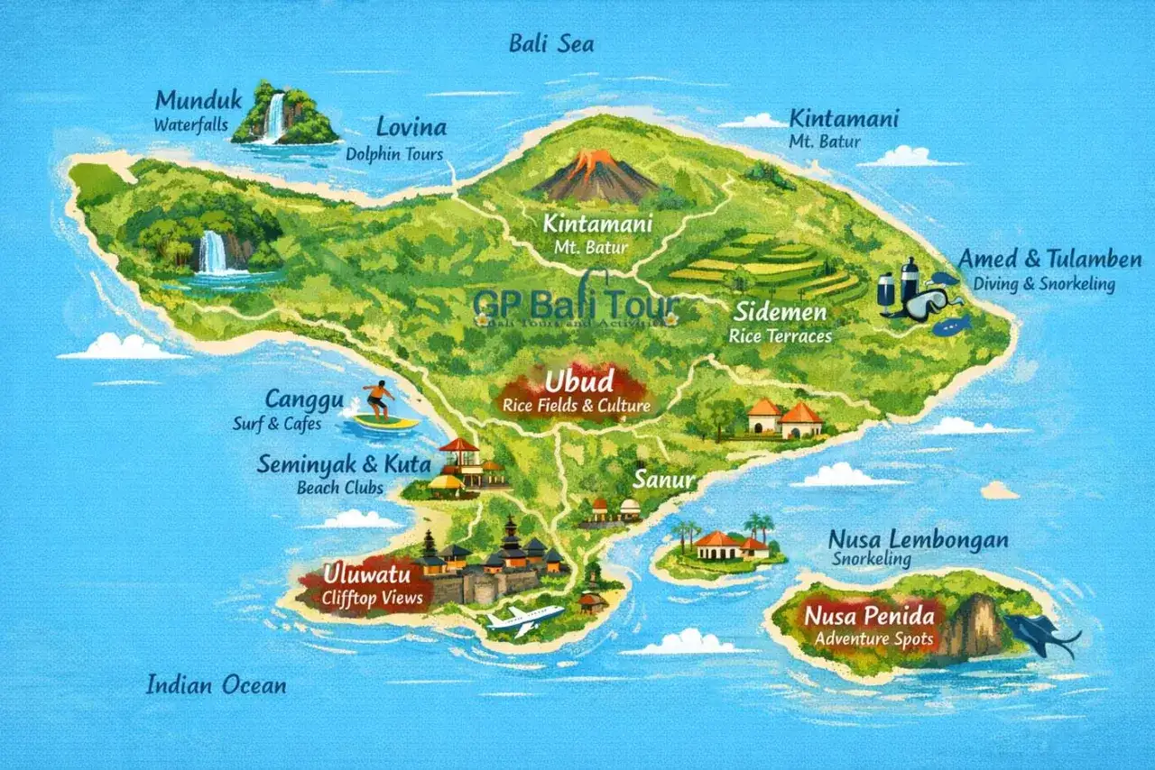Mapa Bali z atrakcjami: wodospady Munduk, delfiny w Lovinie, wulkany Kintamani, tarasy ryżowe Sidemen, Ubud, plaże Seminyak i Kuta, klify Uluwatu, nurkowanie w Amed i Tulamben, Nusa Lembongan i Nusa Penida. Idealne na wakacje bali na własną rękę.